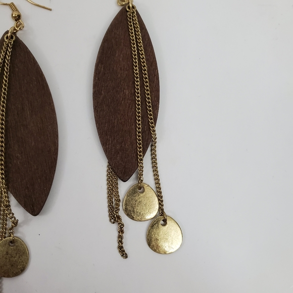 Wood & Gold Tone Dangle Earrings - Picture 4 of 5